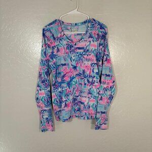Lilly Pulitzer Luxletic Shirt Womens Medium Pink Blue Palm Print Long Sleeve